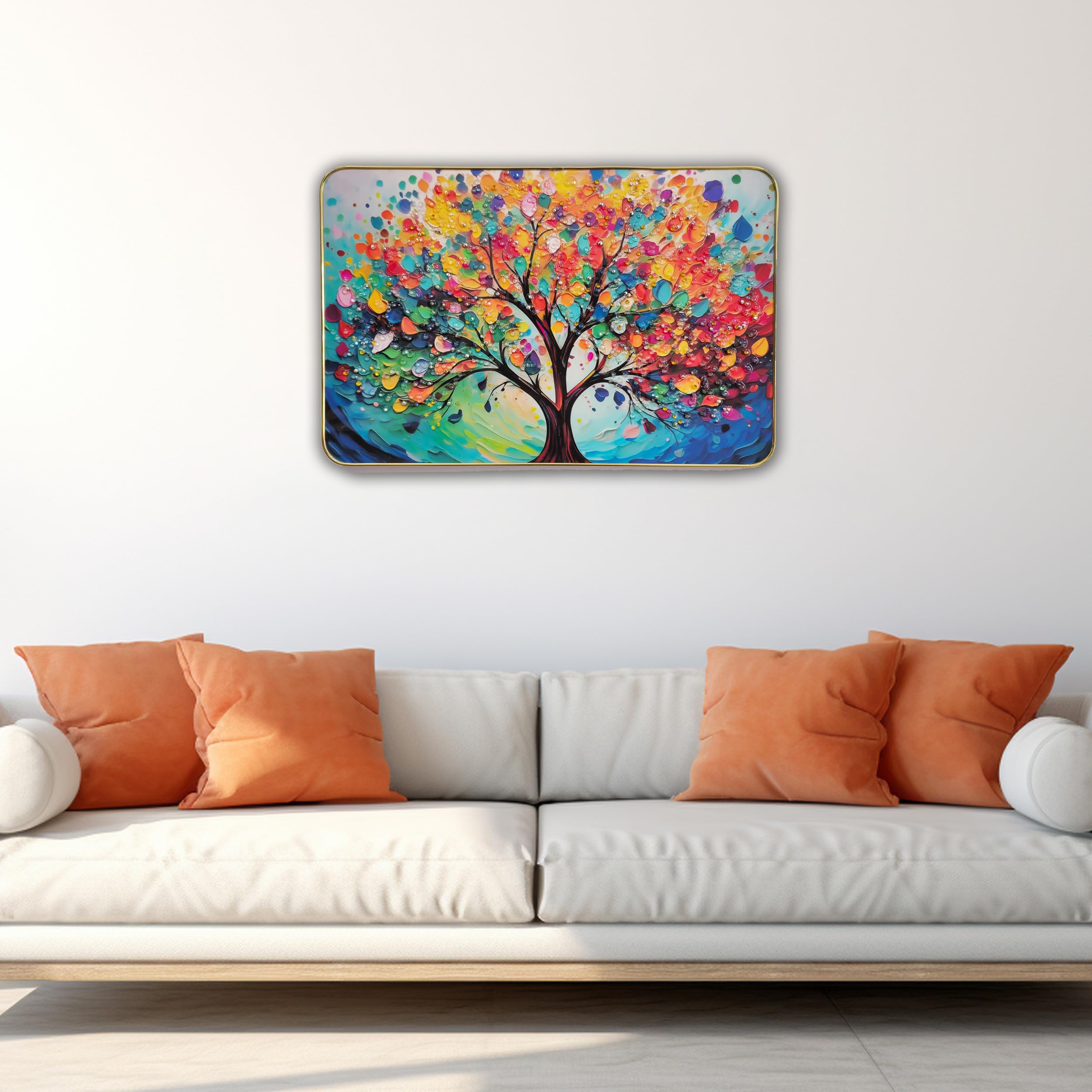 Masstone Decorative Tree Wall Painting With Crystal Embedded High Gloss Surface Gold Slim Frame Embossed, 45X30 Cm Wall Hanging